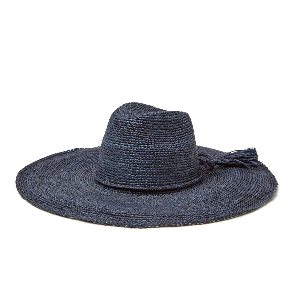 Navy crocheted wide brim sun hat with raffia cord