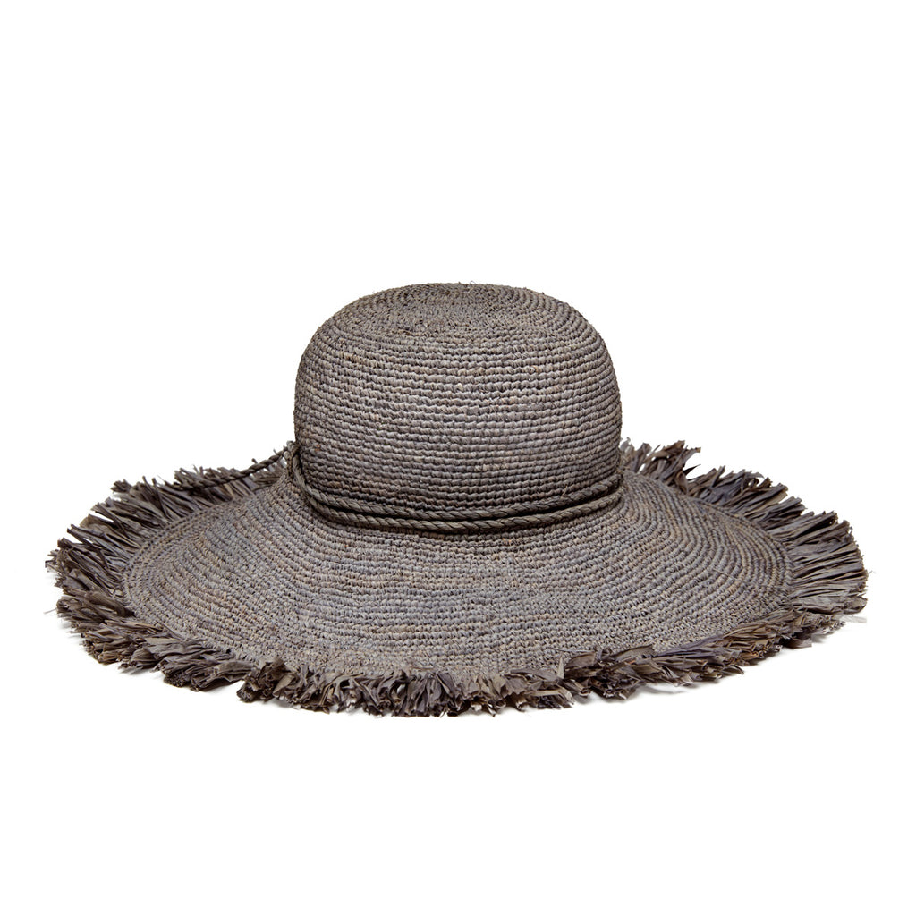 Dove colored fringed raffia sun hat with braided tie