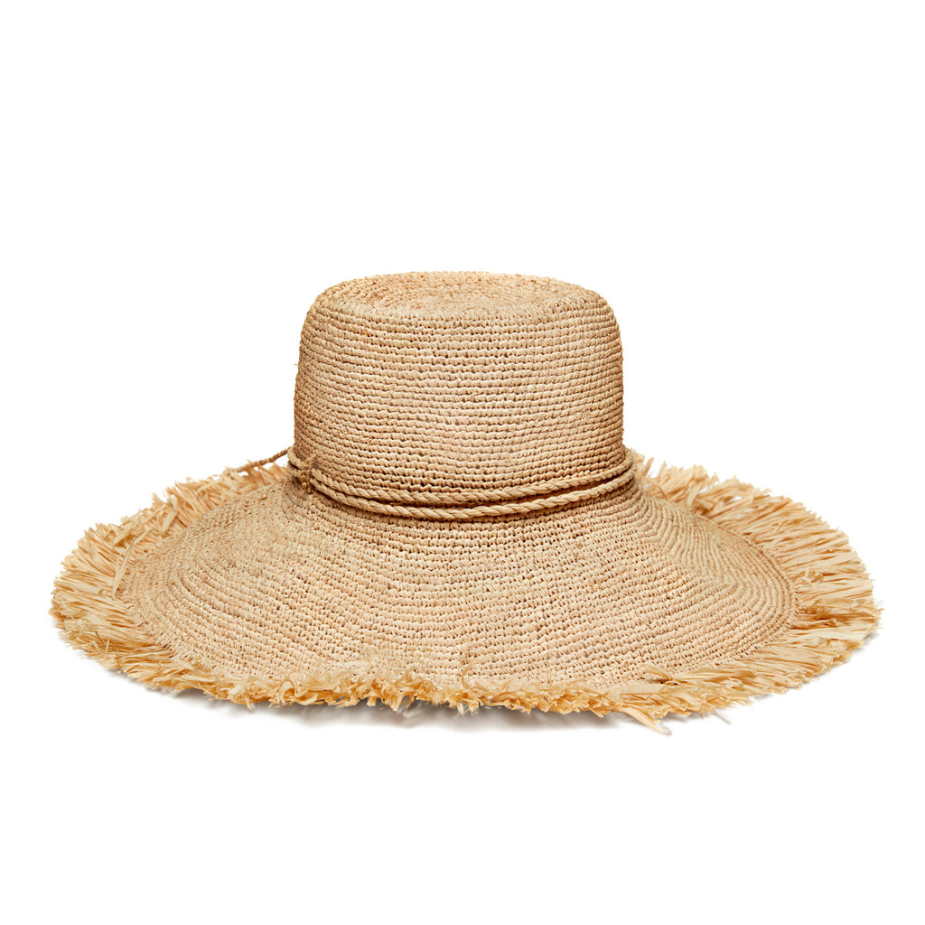 Natural colored fringed raffia sun hat with braided tie
