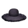 Navy colored fringed raffia sun hat with braided tie