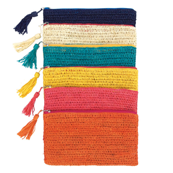 Six Justine pouches arranged together on white background