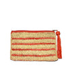 Coral colored striped crocheted raffia zip pouch with zipper and raffia tassel