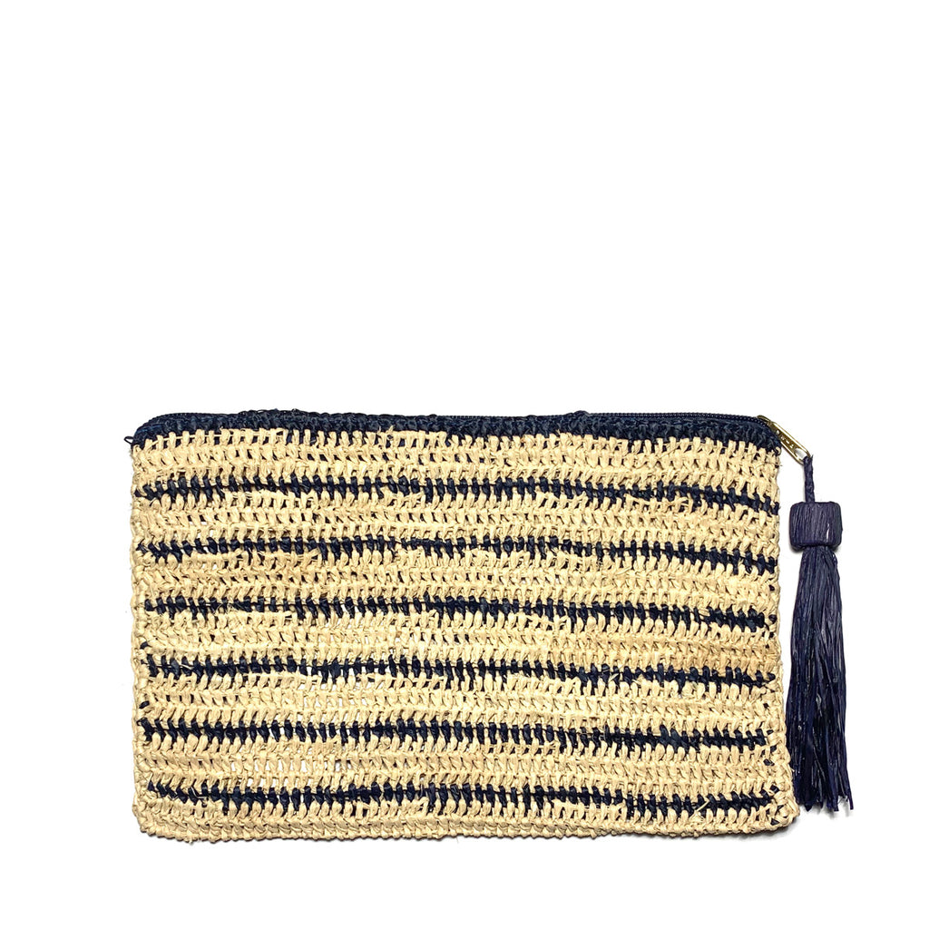 Navy striped crocheted raffia zip pouch with zipper and raffia tassel