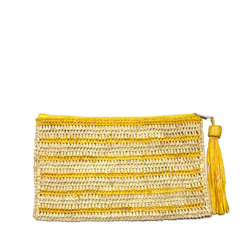 Sunflower colored striped crocheted raffia zip pouch with zipper and raffia tassel
