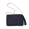 Navy colored crocheted shoulder bag with cotton lining, snap closure, leather strap & tassel