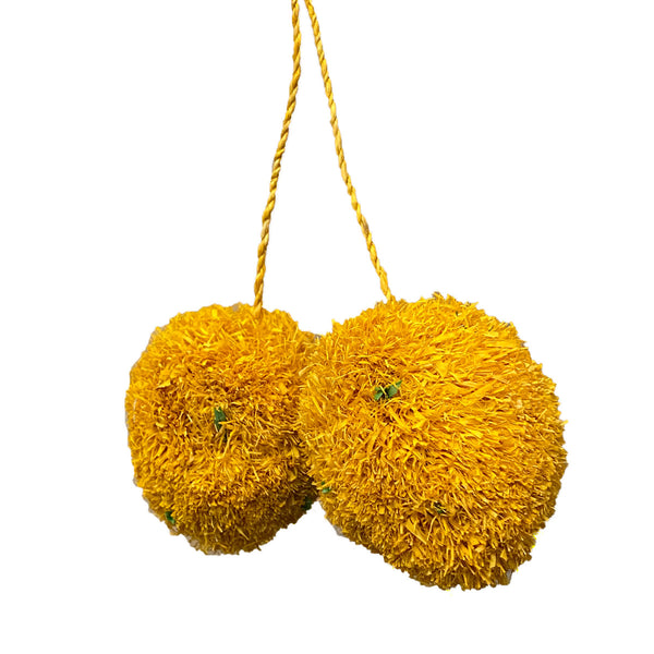 A pair of lemon shaped pom poms on white background