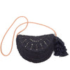Navy colored crocheted raffia crossbody with leather strap & removable tassels