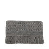 Dove colored crocheted fringe clutch with cotton lining and snap closure