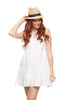 Model wearing natural colored crocheted fedora with navy colored contrast stripe