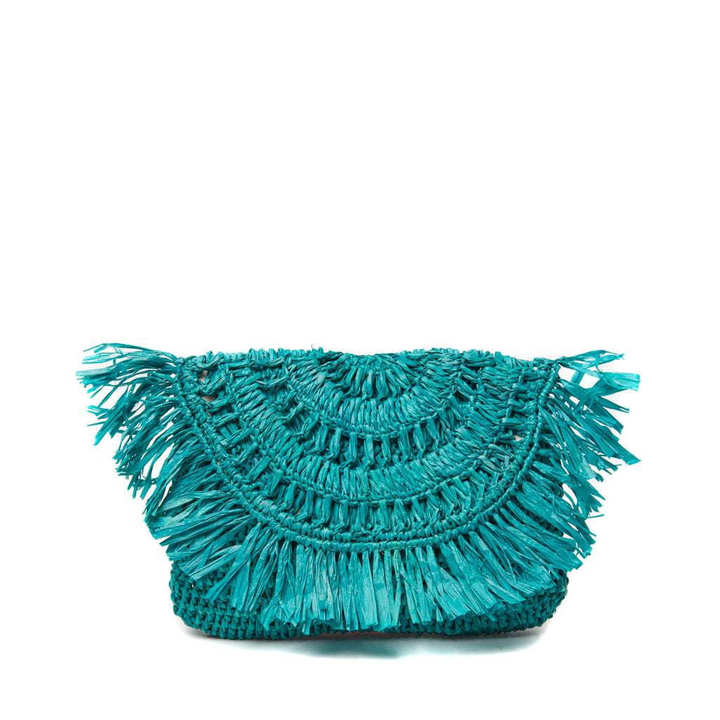 Aqua colored crocheted raffia pouch with cotton lining and snap closure