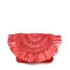 Coral colored crocheted raffia pouch with cotton lining and snap closure