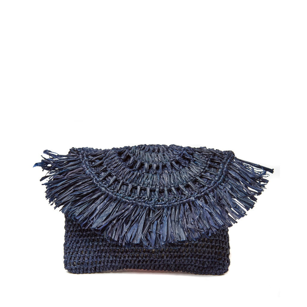 Navy colored crocheted raffia pouch with cotton lining and snap closure