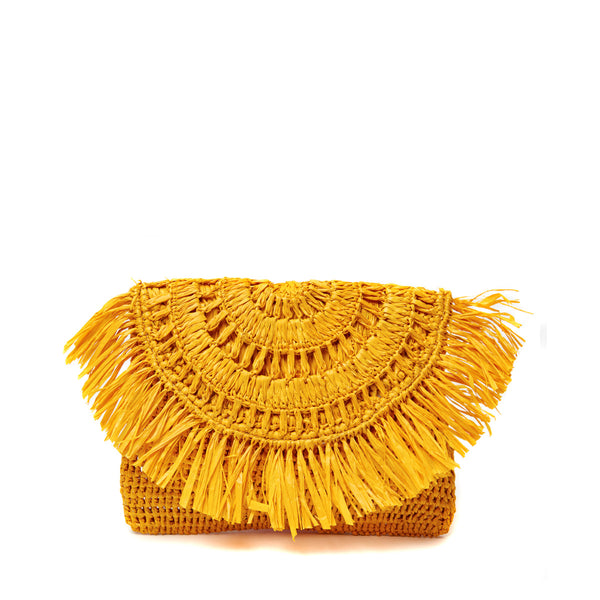 Sunflower colored crocheted raffia pouch with cotton lining and snap closure