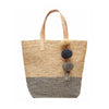 Color block dove colored crocheted carryall with leather straps & raffia pom poms