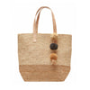 Color block sand colored crocheted carryall with leather straps & raffia pom poms