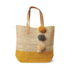 Color block sunflower colored crocheted carryall with leather straps & raffia pom poms
