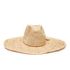 Natural wide brimmed raffia sun hat with multi colored embroidered polka dots and braided cord