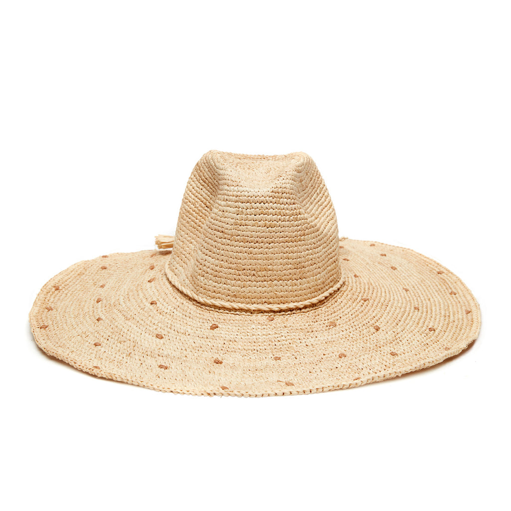 Natural wide brimmed raffia sun hat with sand colored embroidered polka dots and braided cord