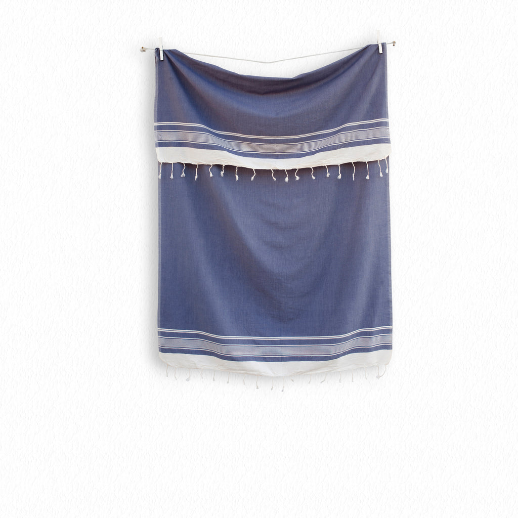 Woven cotton Turkish towel in Navy on white