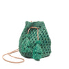 Emerald colored crocheted raffia crossbody with cotton lining, leather strap and raffia tassels