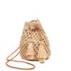 Natural colored crocheted raffia crossbody with cotton lining, leather strap and raffia tassels