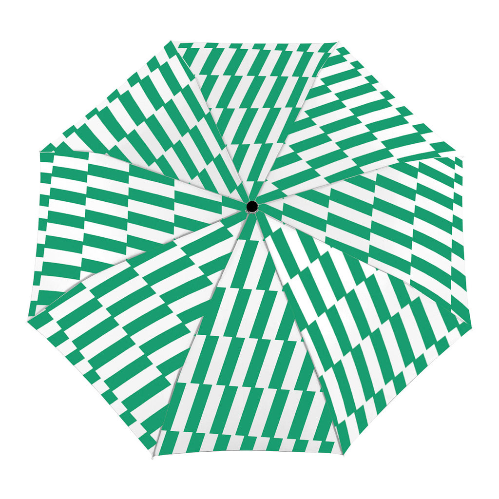 Top view of green and white striped umbrella with a duck head handle
