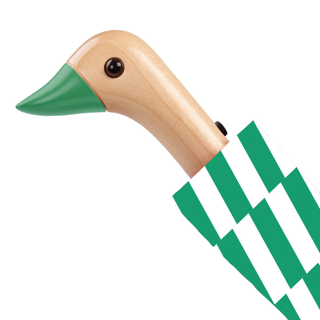 Striped green and white umbrella with a duck head handle