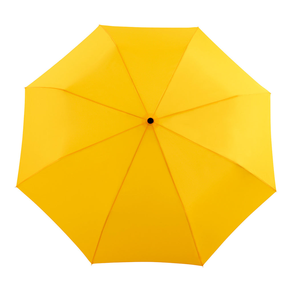 Top view of yellow umbrella with a duck head handle