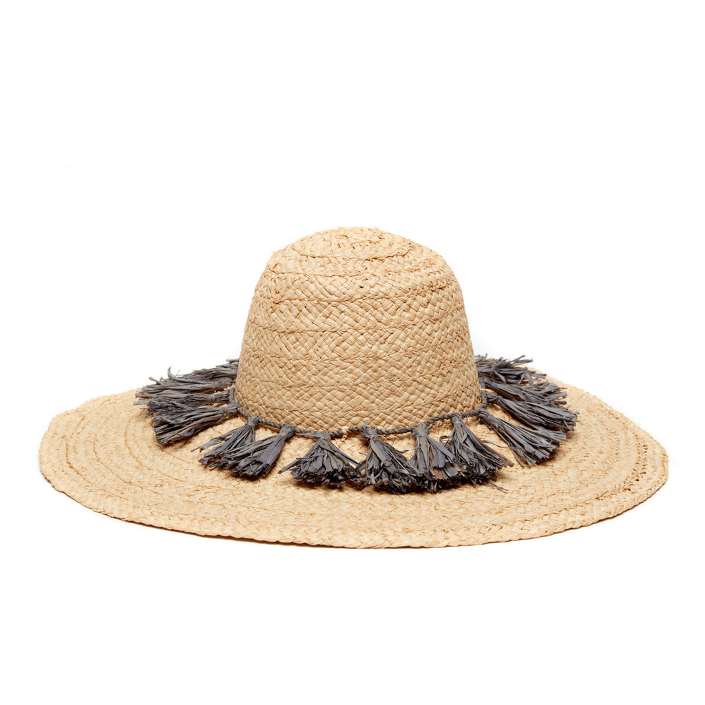 Wide brim braided raffia sun hat with a ring of dove colored tassels