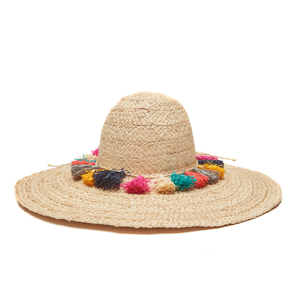 Wide brim braided raffia sun hat with a ring of multi colored tassels