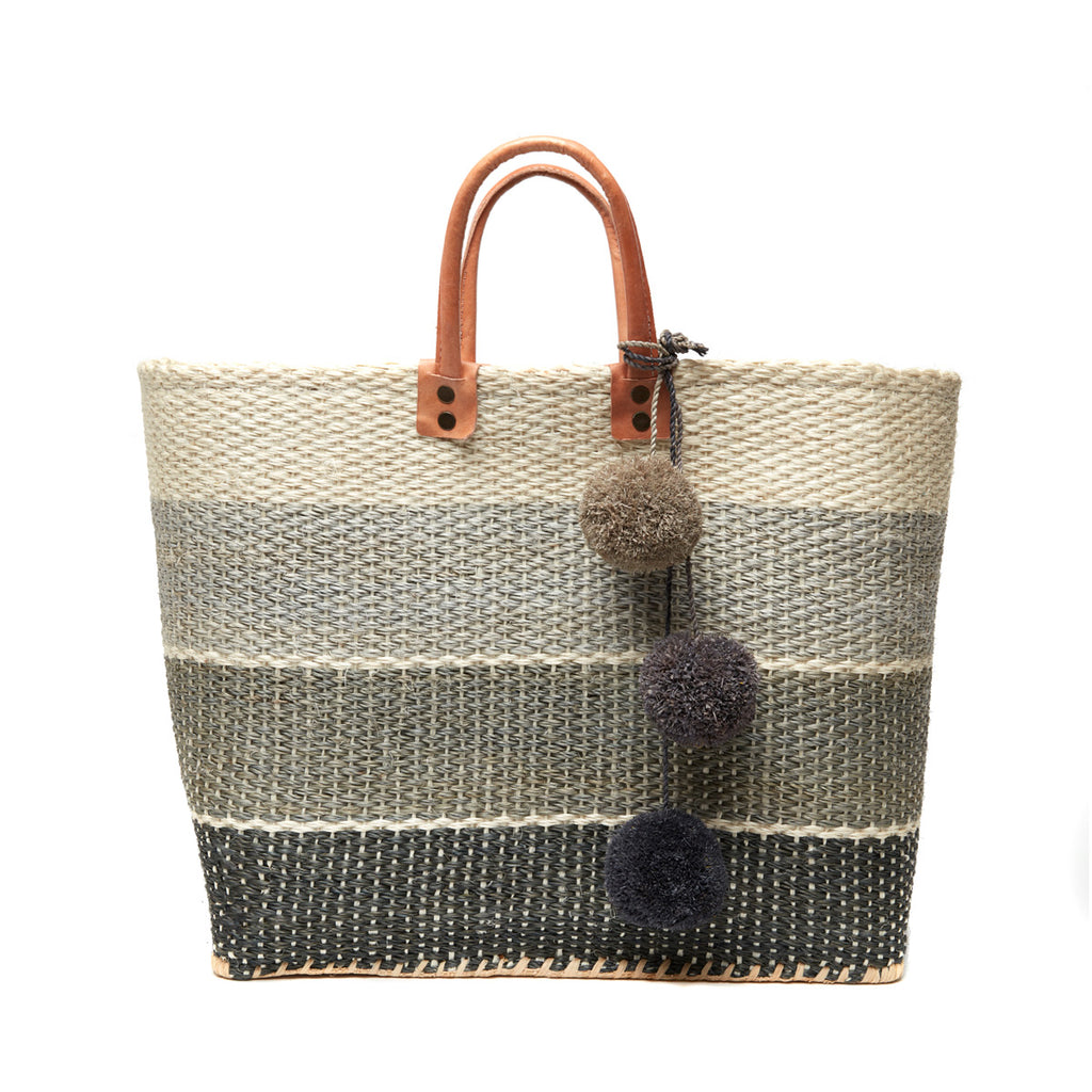 Three color dove colored sisal basket tote with removable poms & leather handles