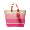 Three color pink sisal basket tote with removable poms & leather handles