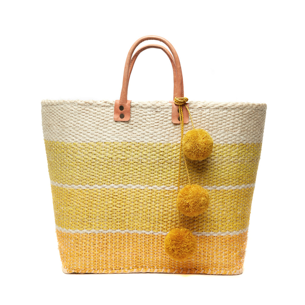 Three color sunflower colored sisal basket tote with removable poms & leather handles