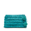Aqua colored woven raffia fringe clutch with pom poms and zip closure