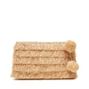 Natural colored woven raffia fringe clutch with pom poms and zip closure