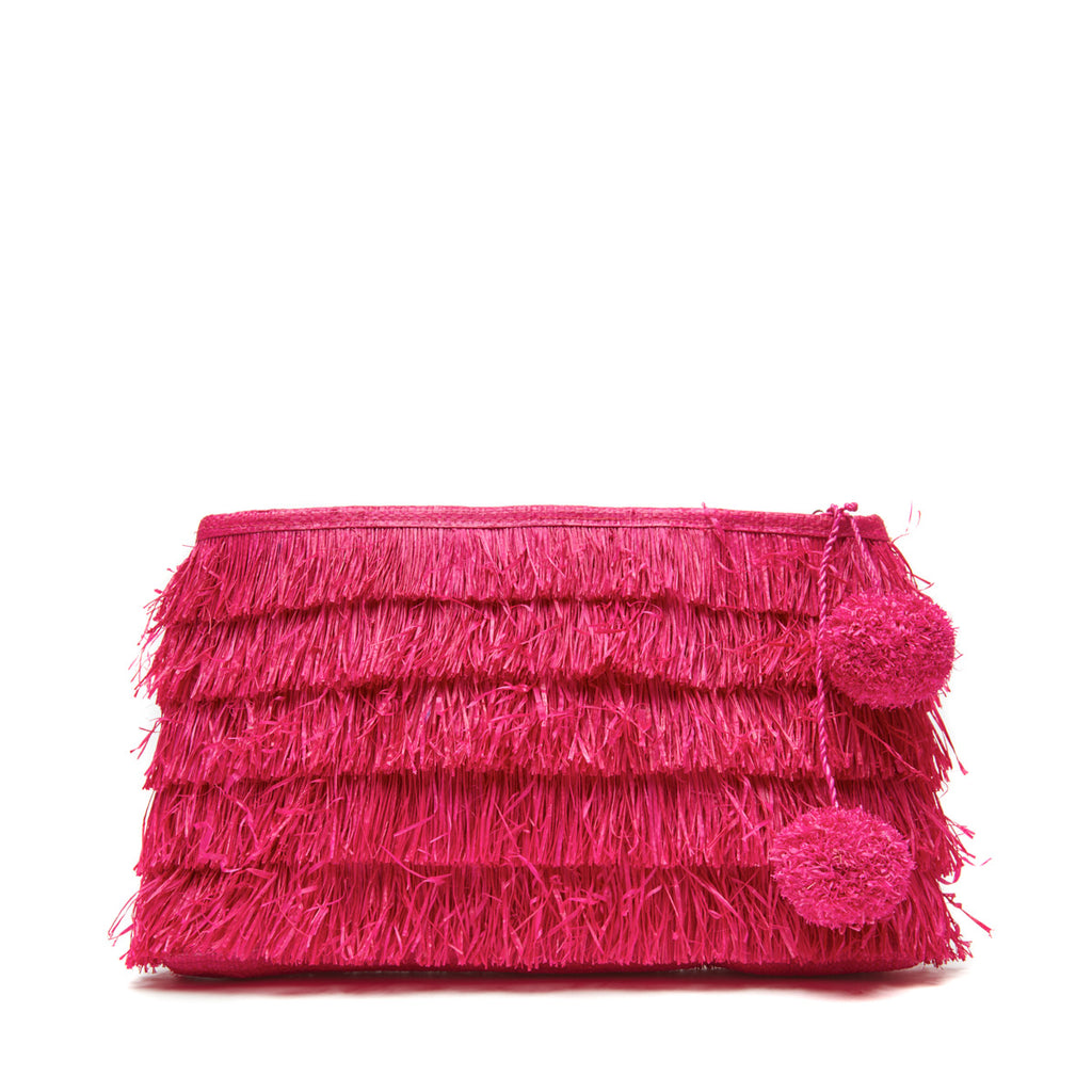 Pink woven raffia fringe clutch with pom poms and zip closure
