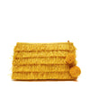 Sunflower colored woven raffia fringe clutch with pom poms and zip closure