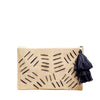 Natural raffia woven clutch with navy colored accent embroidery, raffia tassel and zip closure