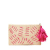 Natural raffia woven clutch with pink colored accent embroidery, raffia tassel and zip closure