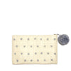 Natural woven zip pouch with dove colored stars and pom pom