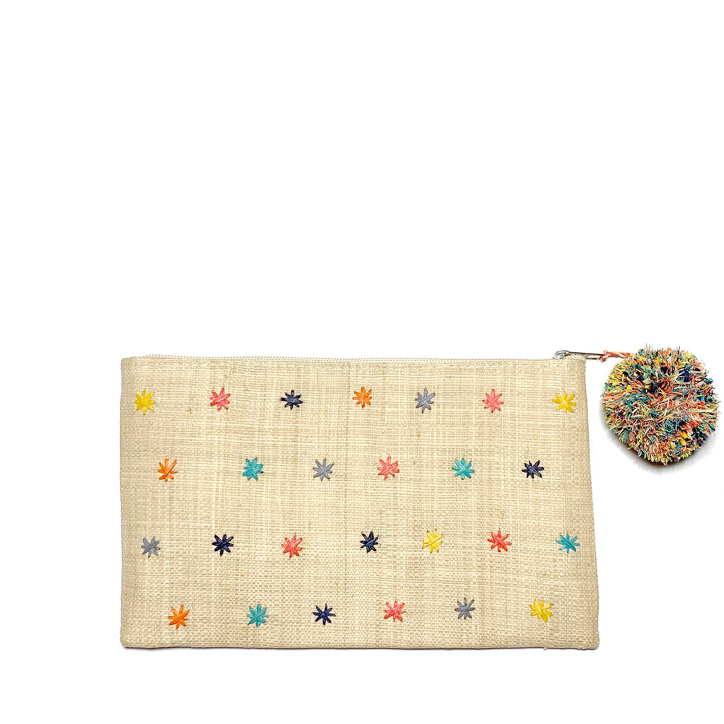 Natural woven zip pouch with multi colored stars and pom pom