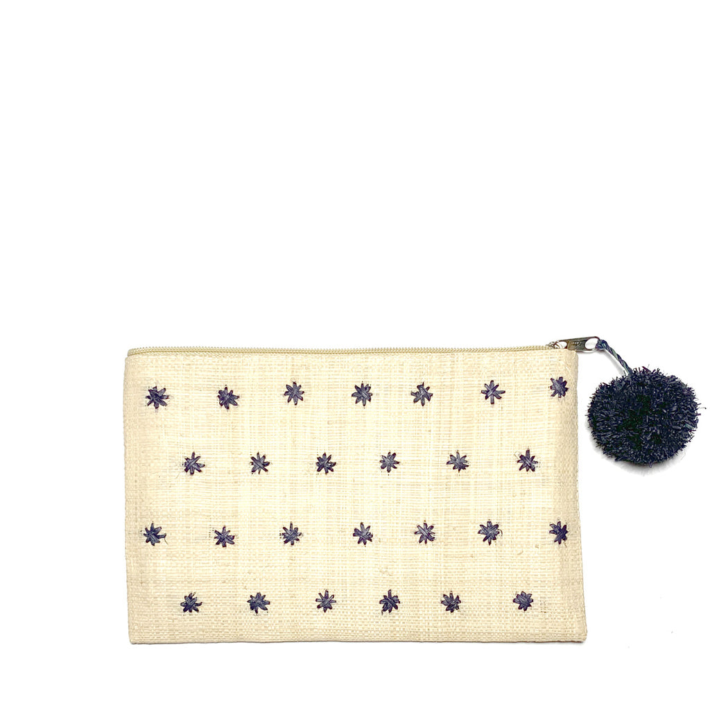 Natural woven zip pouch with navy stars and pom pom