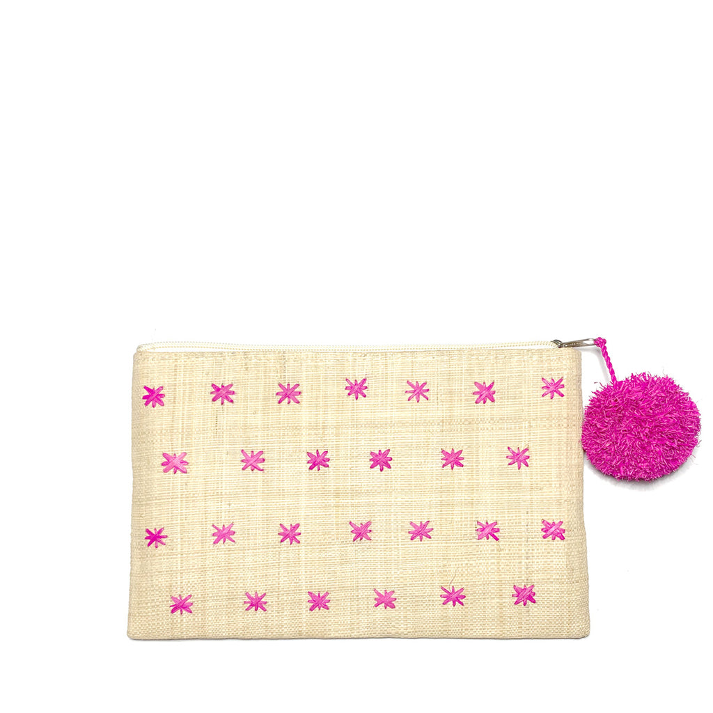 Natural woven zip pouch with pink colored stars and pom pom