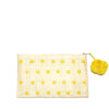 Natural woven zip pouch with sunflower colored stars and pom pom