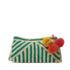 Aqua and natural colored striped crocheted clutch with cotton lining, pom poms, and zip closure