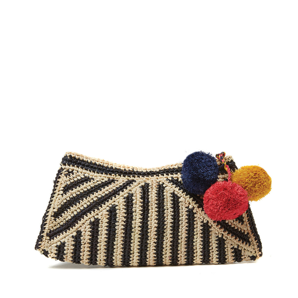 Black and natural colored striped crocheted clutch with cotton lining, pom poms, and zip closure