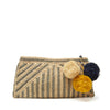Dove and natural colored striped crocheted clutch with cotton lining, pom poms, and zip closure