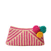 Pink and natural colored striped crocheted clutch with cotton lining, pom poms, and zip closure