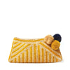 Sunflower and natural colored striped crocheted clutch with cotton lining, pom poms, and zip closure