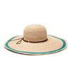 Crocheted raffia sun hat with leather trim and aqua colored accent stripe around brim